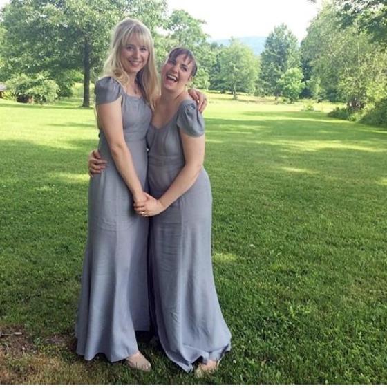 Lena Dunham's chiffon gray bridesmaid dress